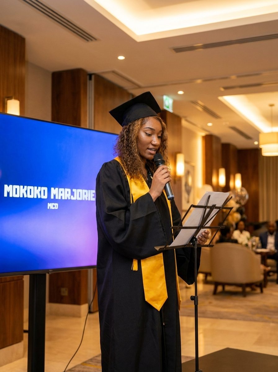 Diplômée de l'EMSCA en toge prononçant son discours lors de la cérémonie de remise des diplômes
